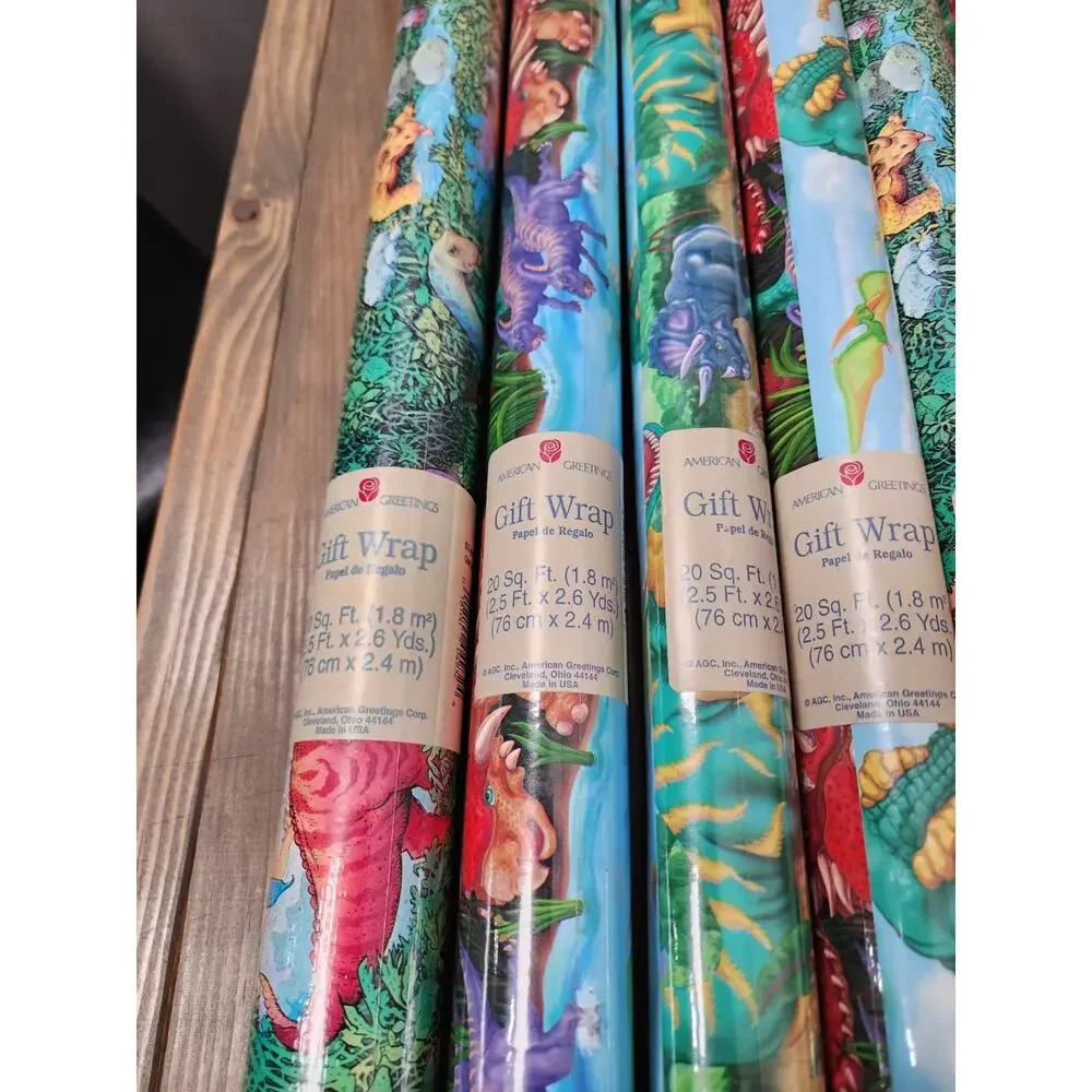 Vtg Lot 9 Dinosaur Roll Wrapping Paper American Greetings 20 Sq Ft Each